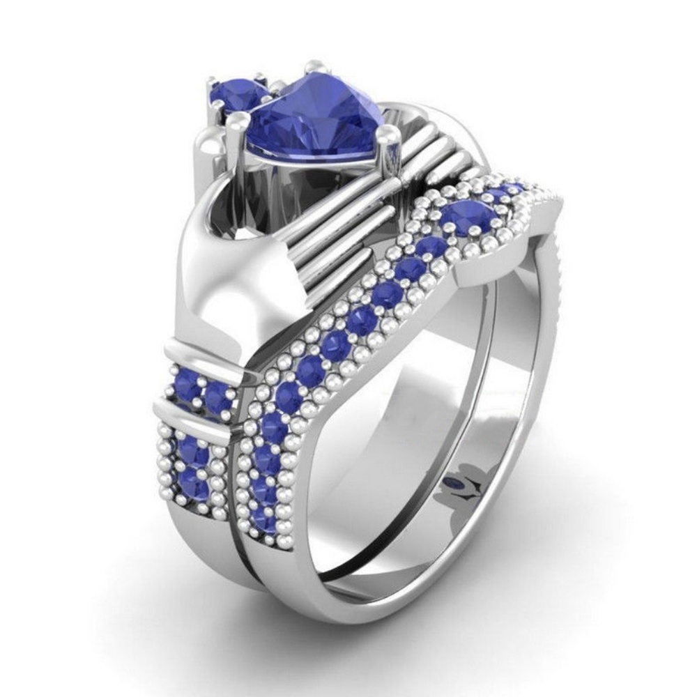 925 Silver Heart Shape Blue Sapphire Wedding Ring - Picture 2 of 2